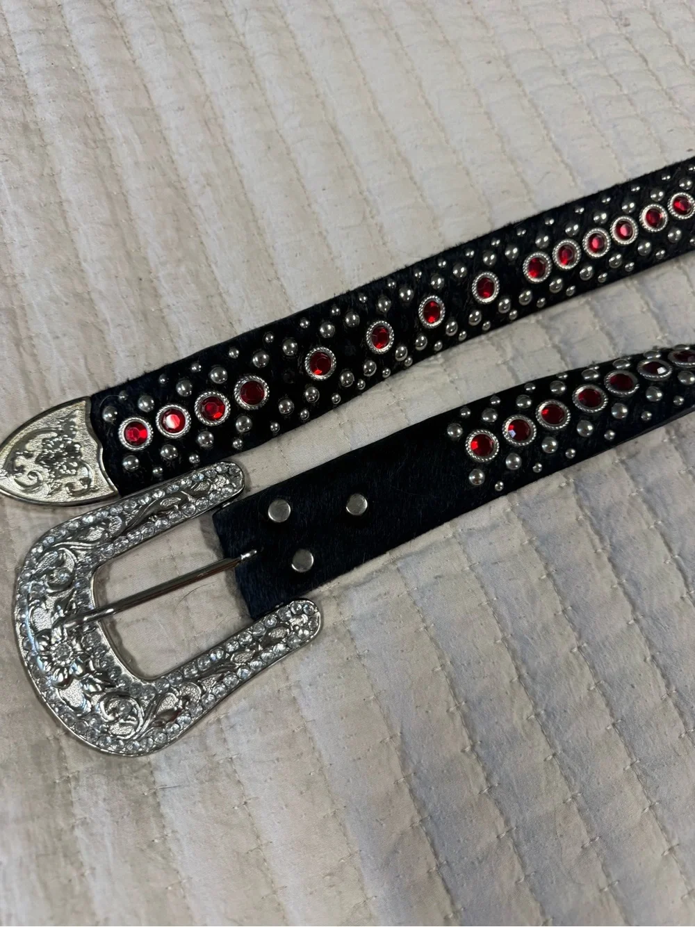 Black Leather cowhide Belt with Red Gem Studs and Ornate Silver Buckle
